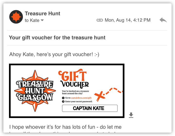 A screenshot of an email containing a digital gift voucher for Treasure Hunt Glasgow.